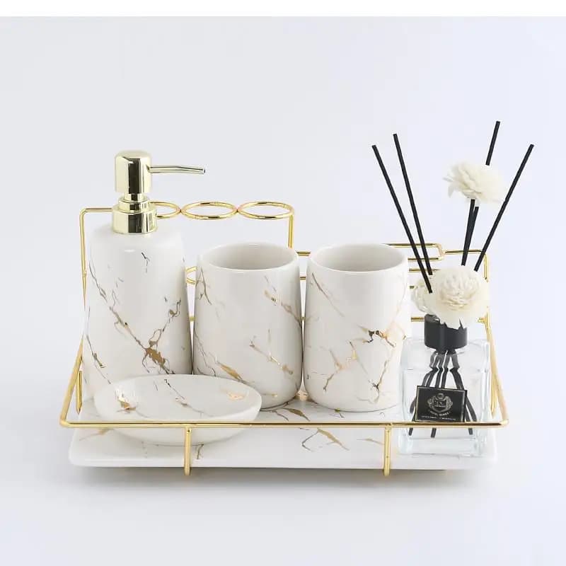 Prodotti per il Bagno in Ceramica, Portaspazzolino, Bottiglia per Lozione con Texture Marmo Platino, Portasapone, Accessori Decorativi