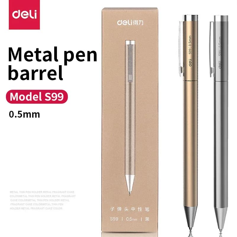 Deli Metal Sign Pen, Gel Ink Pens, Golden Silver Color, Metal Writing Pen, Office Supplies, 0.5 mm