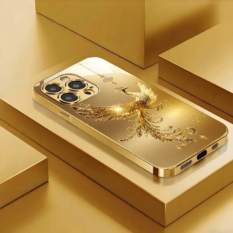 Custodia per telefono in vetro con vernice metallizzata dorata con motivo fenice dorata per iPhone 17 Pro Max 11 12 13 14 15 16 Plus 17Air 16E Cover