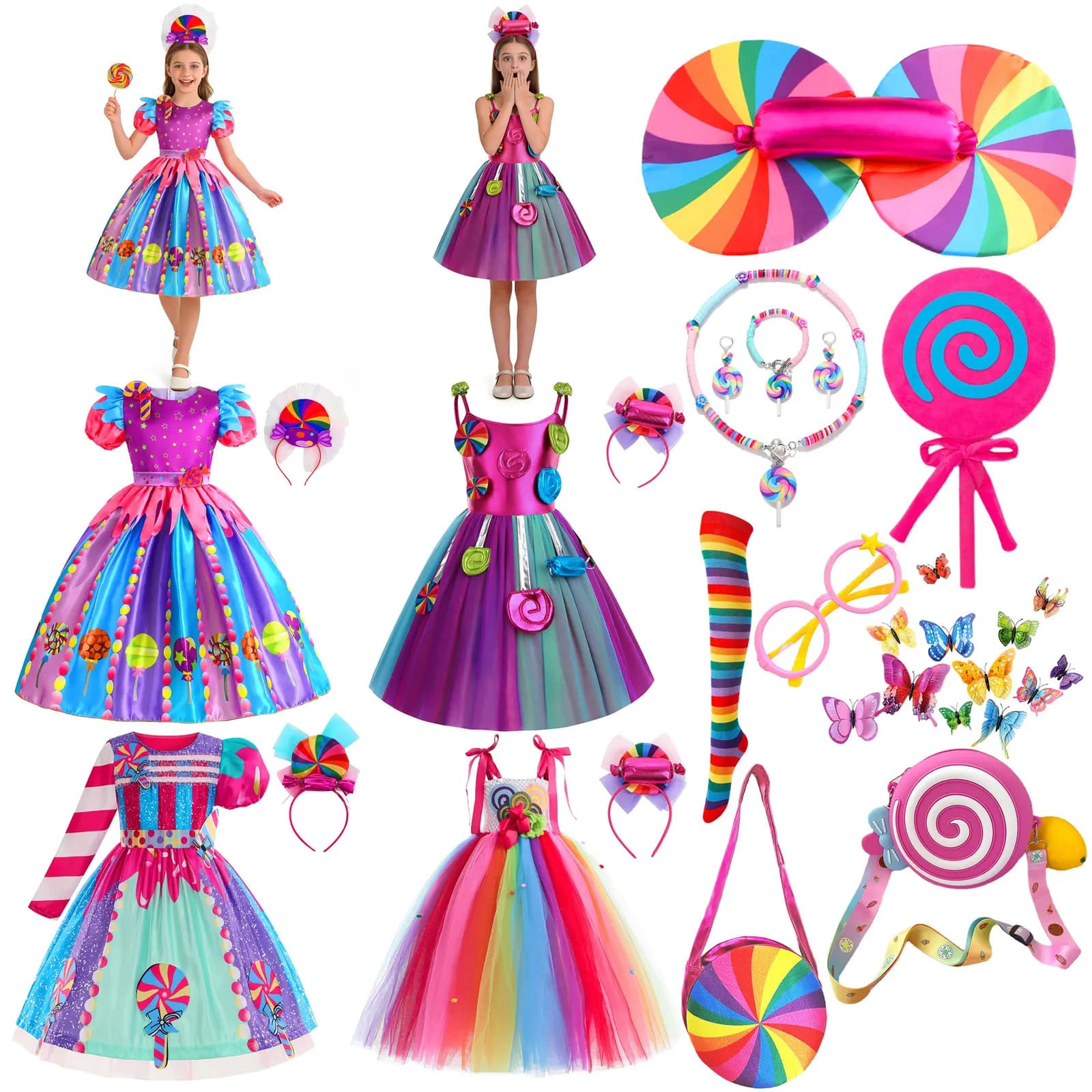2025 Nuovo vestito da caramella per bambina Purim Carnevale Compleanno Costume Fantasia Arcobaleno Manica corta Abito carino + Set di accessori