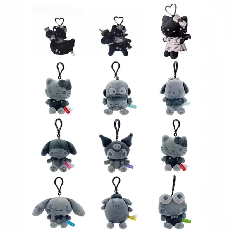 Kawaii Sanrio Hello Kitty Hangyadon Cinnamoroll All Black Series Bambola di peluche morbida con fibbia a forma di cuore, portachiavi, regalo per ragazza
