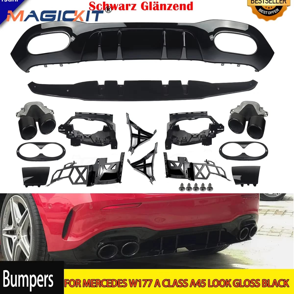 MagicKit for Mercedes Benz W177 Class A45 LOOK 2014+ Rear diffuser with Exhaust Terminals Black Polished Body Kit