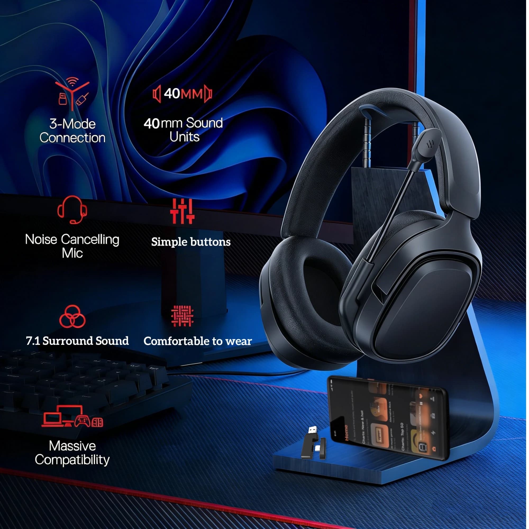 Le cuffie da gioco GT808 sono un'auricolare wireless ergonomica over-ear, dotata di un microfono ruotabile a 360 gradi e traspirante.