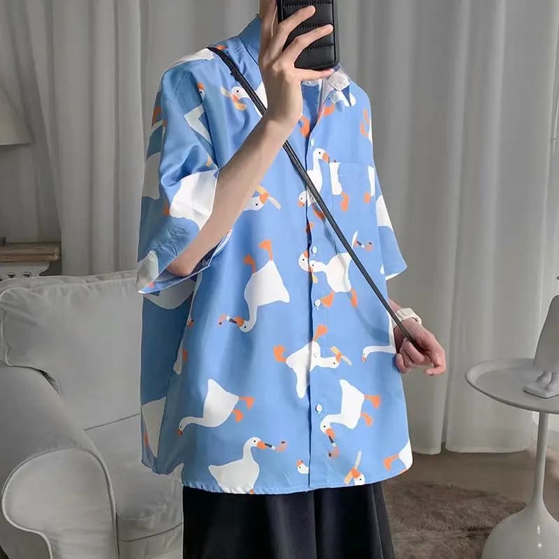 Retro Oil Painting Goose Print Men's Short Sleeve Thin Shirt Summer Fashion Casual Loose Square Neck Versatile Top