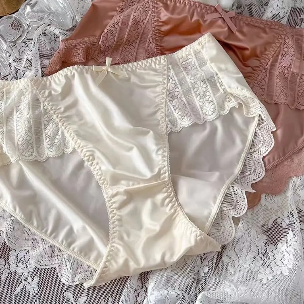 Mutandine da donna a vita media in seta ghiaccio leggera, morbide e sexy, con ricamo liscio e fiocco, lingerie