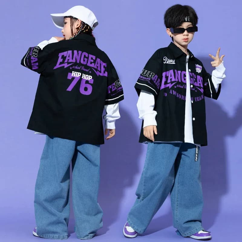 Abbigliamento Hip Hop per bambini Camicia cardigan da baseball nera Denim Blu Pantaloni jeans larghi casual per vestiti per costumi da ballo jazz per ragazza ragazzo