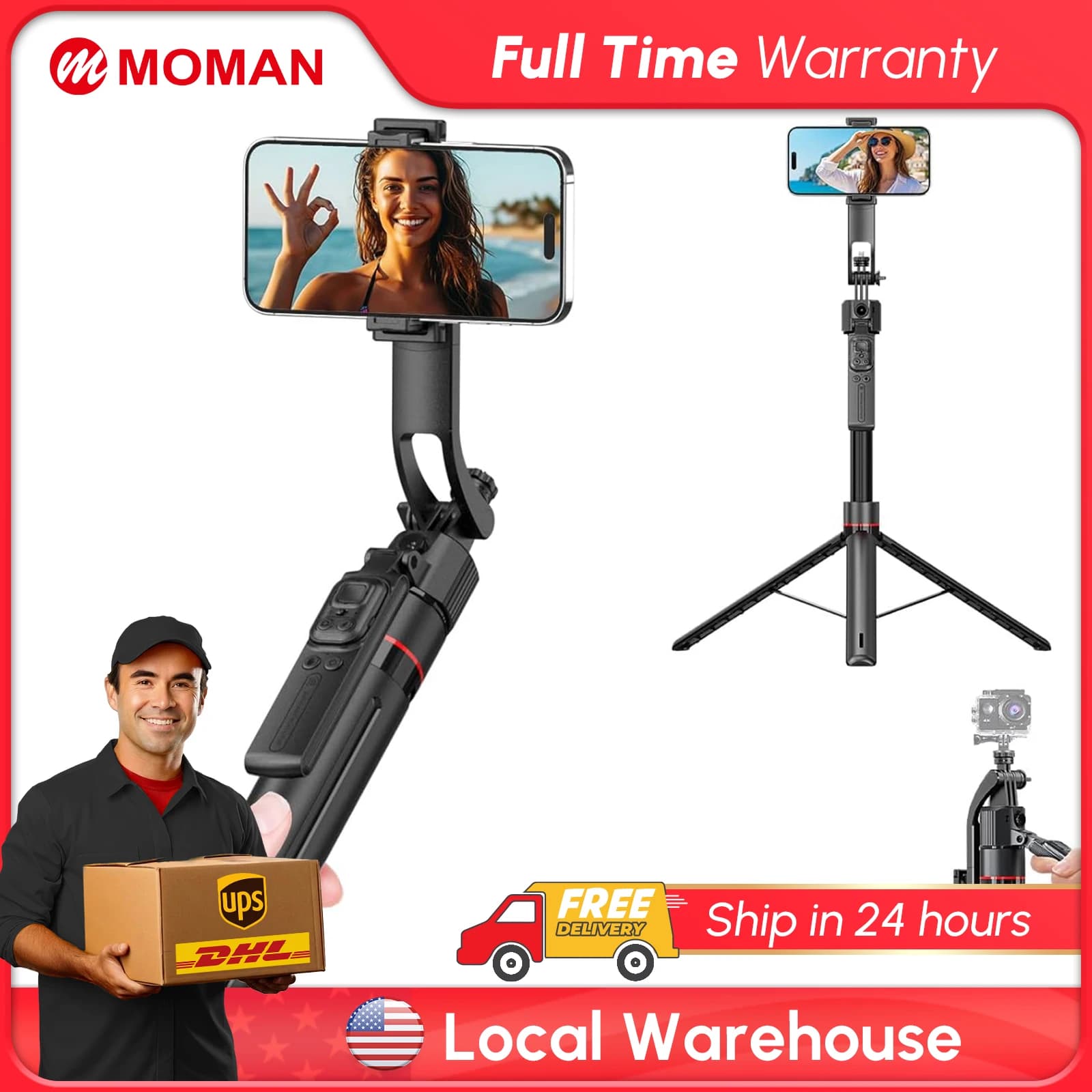 Treppiede per telefono con tracciamento automatico del volto Moman 69" Supporto per selfie stick allungabile con apertura automatica TT07 360 ° Rotazione e telecomando per iPhone An
