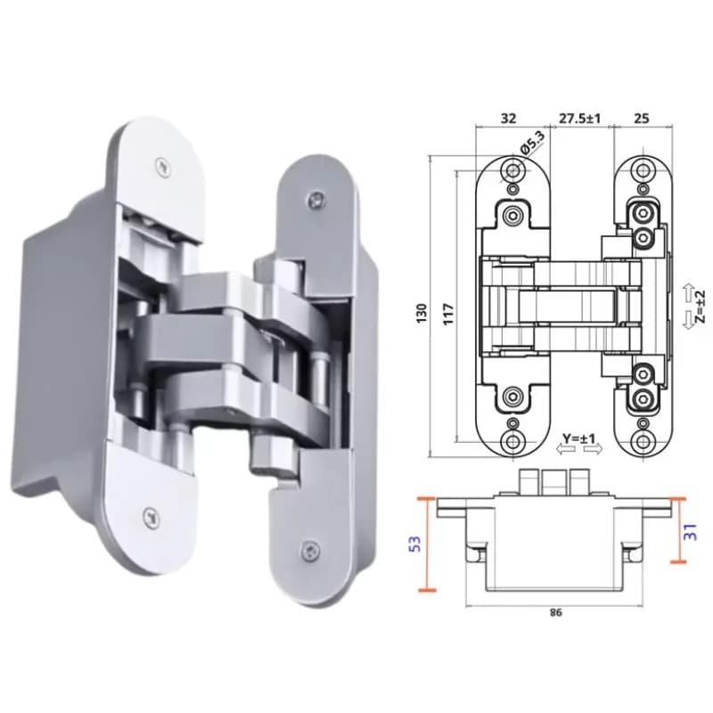 Invisible 3D Panel Hinge Adjustable Outside Axis in Zinc Alloy for Decoration, Boiserie and Doors in Wood