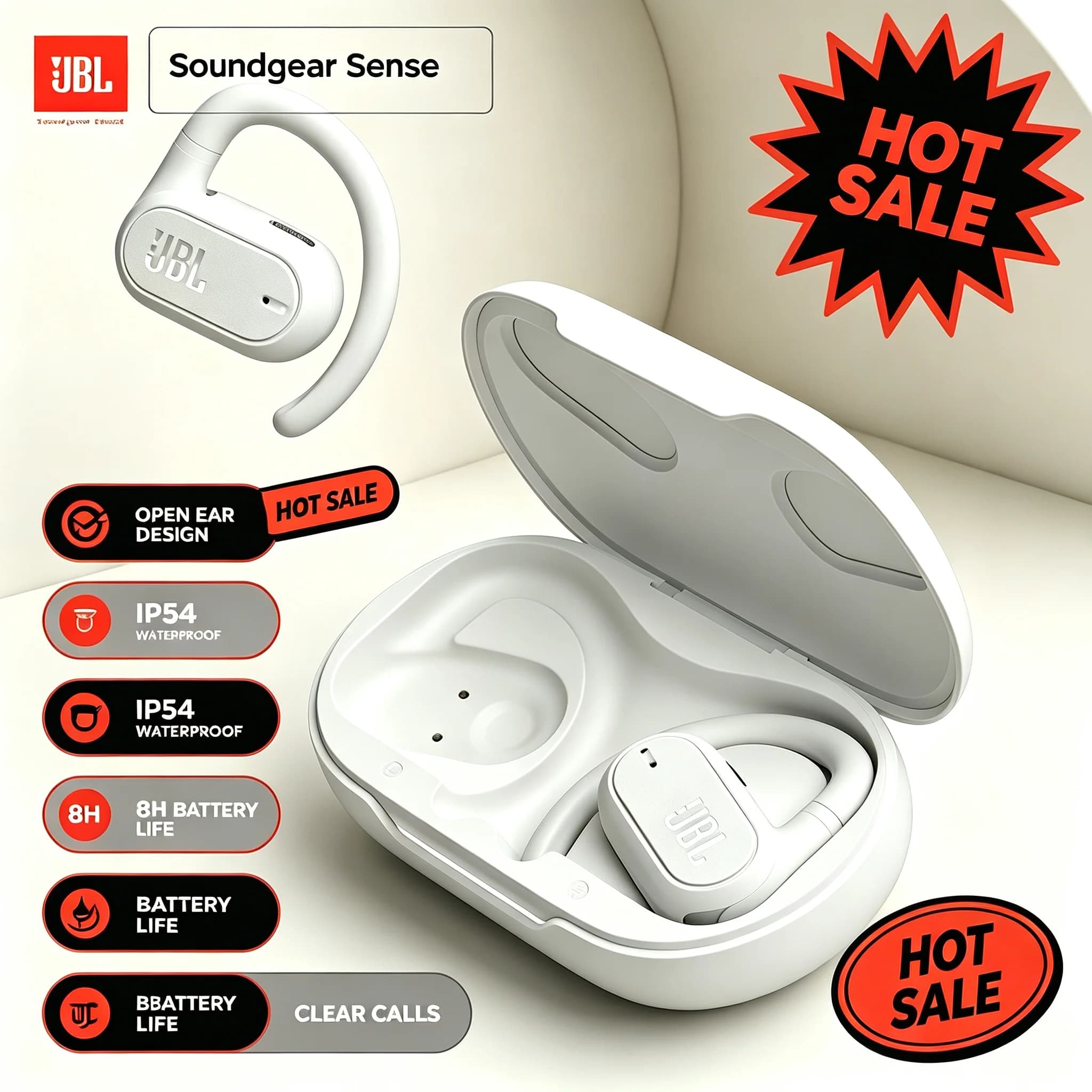 JBL Soundgear Sense Open‑Ear True Wireless Earbuds IP54 Sweatproof Sports Bluetooth Earphones For Running Gym