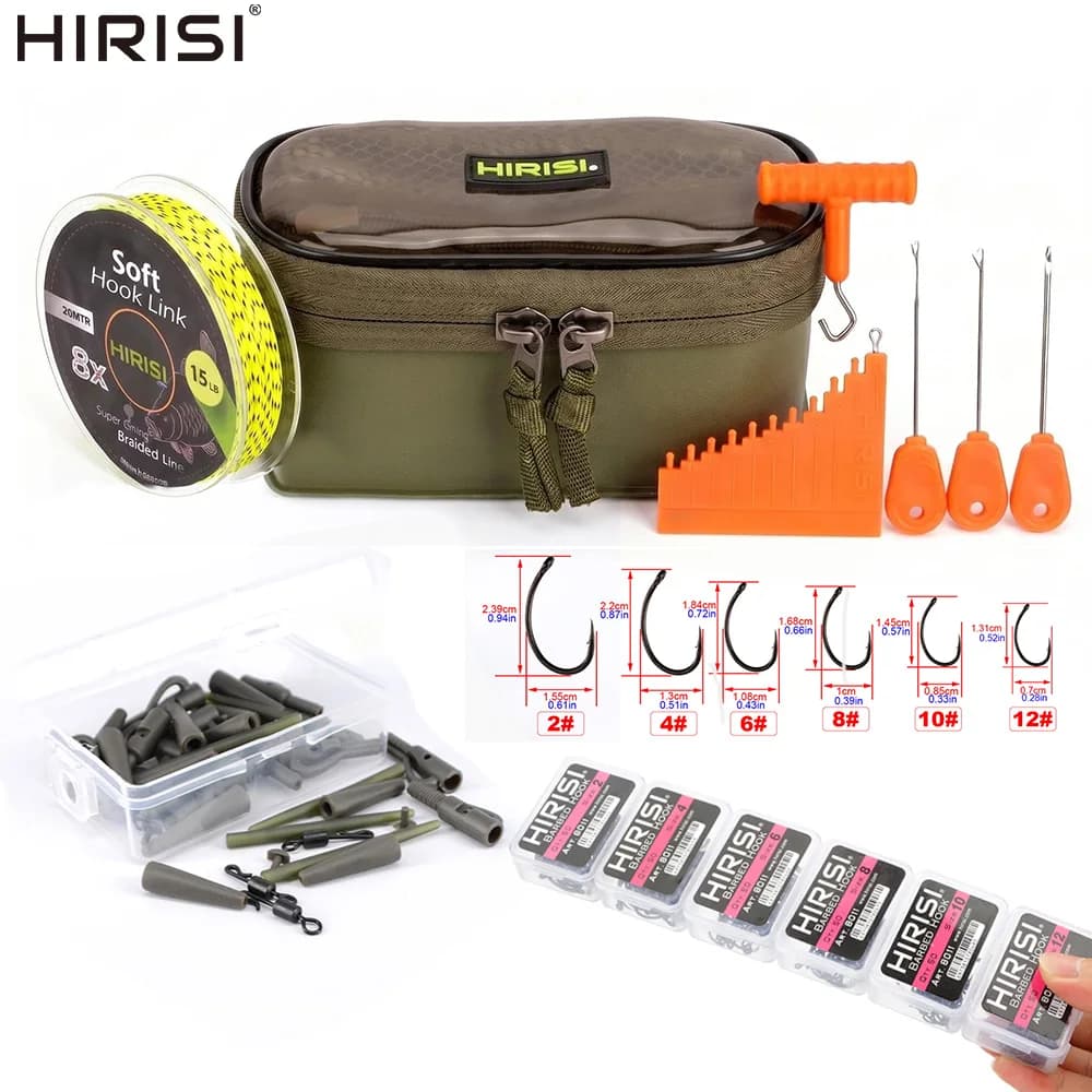 Hirisi Carp Fishing Hair Rig Making Set Braided Hook Link Line Baiting Needles Quick Change Swivels Carp Hooks Carp Fishing Bag