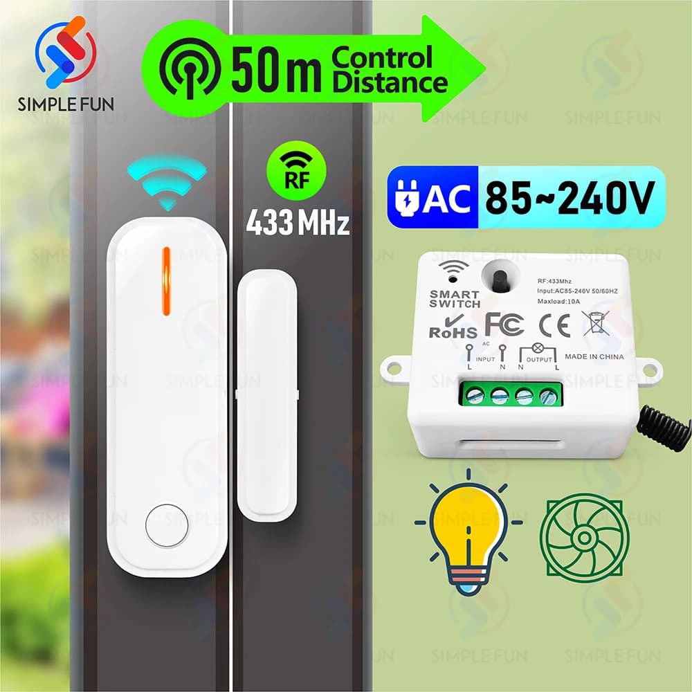 433Mhz Sensore per porte e finestre Interruttore di rilevamento interruttore luce wireless AC 110V 220V 230V 10A Modulo relè RF, per LED/lampada/ventola di scarico