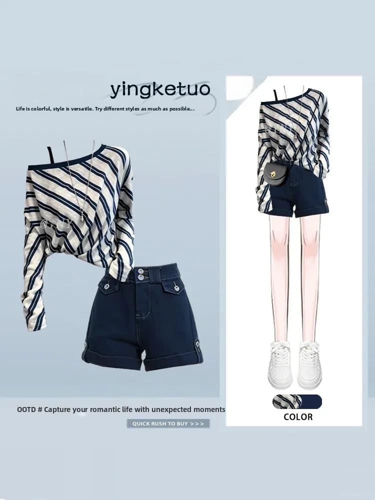 Summer OOTD Korean Style Diagonal Shoulder Striped Long Sleeve Women's Slim Fit Jeans Shorts Two Piece Set Fashionable Elegant