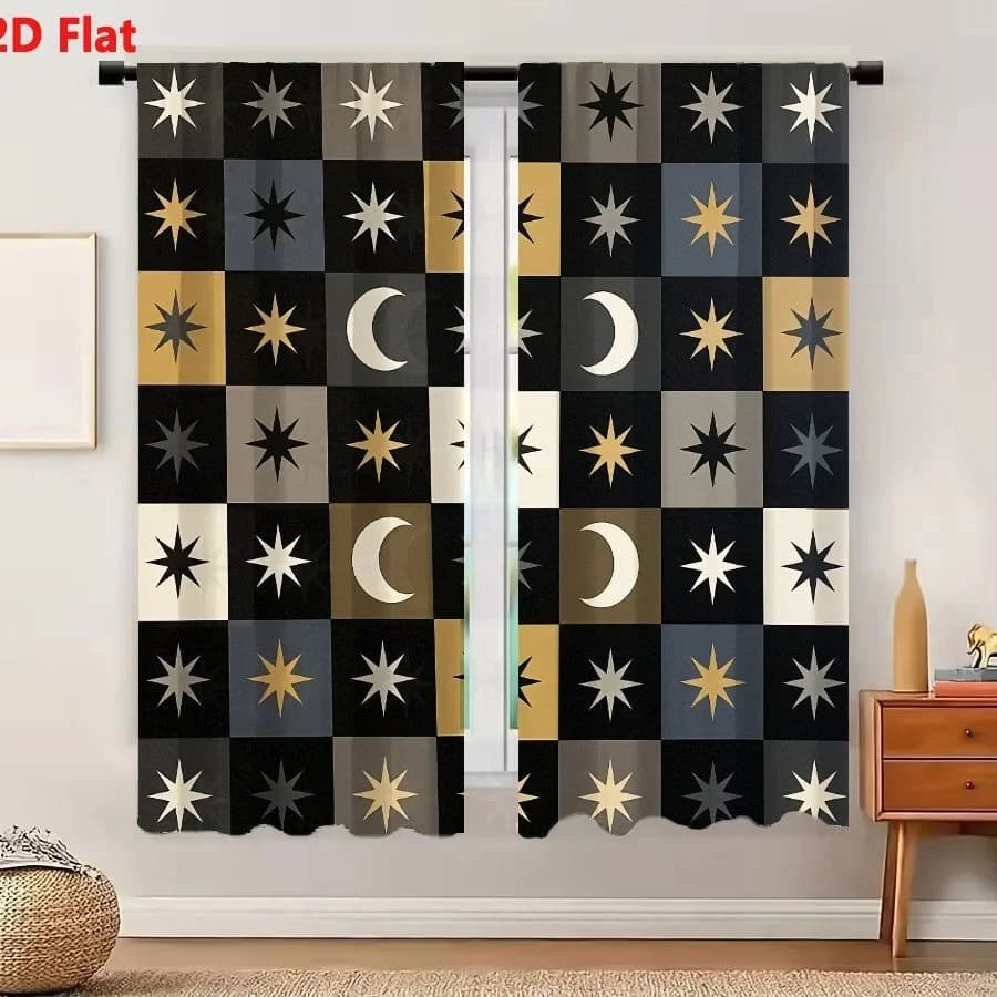 2Pcs Curtains 2D Flat Geometric Islamic Pattern With Stars And Moons In Earthy Tones Window Drapes for Bedroom Room Decor Decora