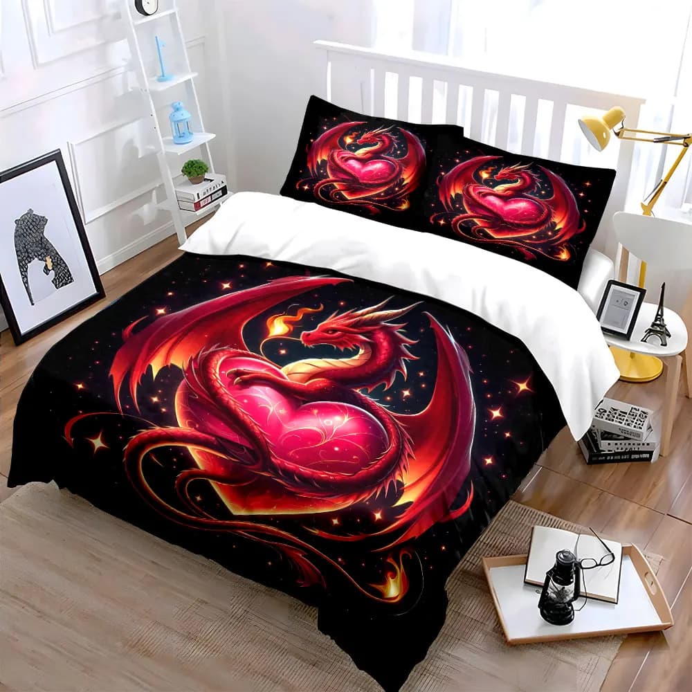 Set di biancheria da letto morbida e delicata sulla pelle "Dragon Heart Fantasy Decor Set" include 1 copripiumino e 2 federe, idea regalo