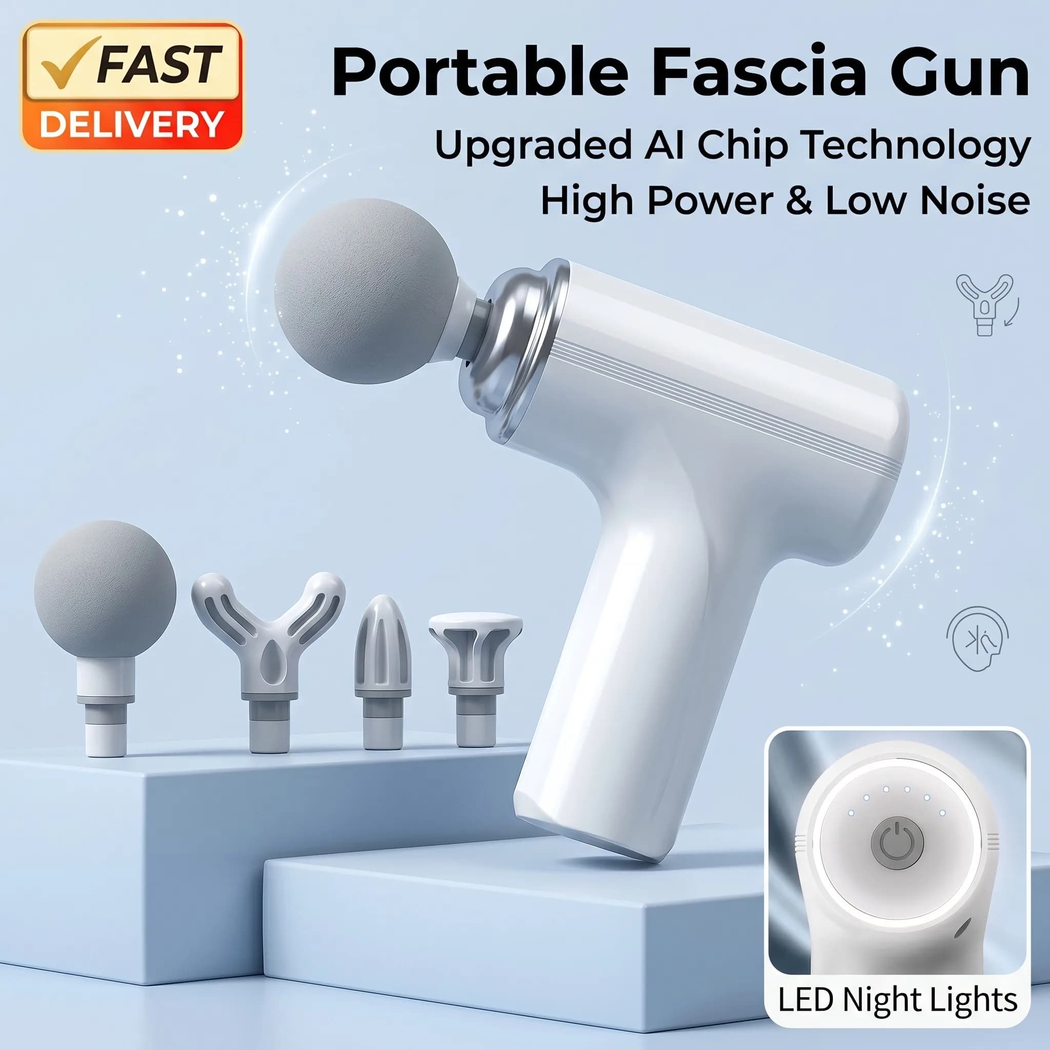 Pistola Massaggiante Portatile AI per Fascia Muscolare, Massaggiatore Elettrico a Percussione per Rilassamento Corporeo con 4 Testine Massaggianti Sostituibili e Luce Notturna a LED