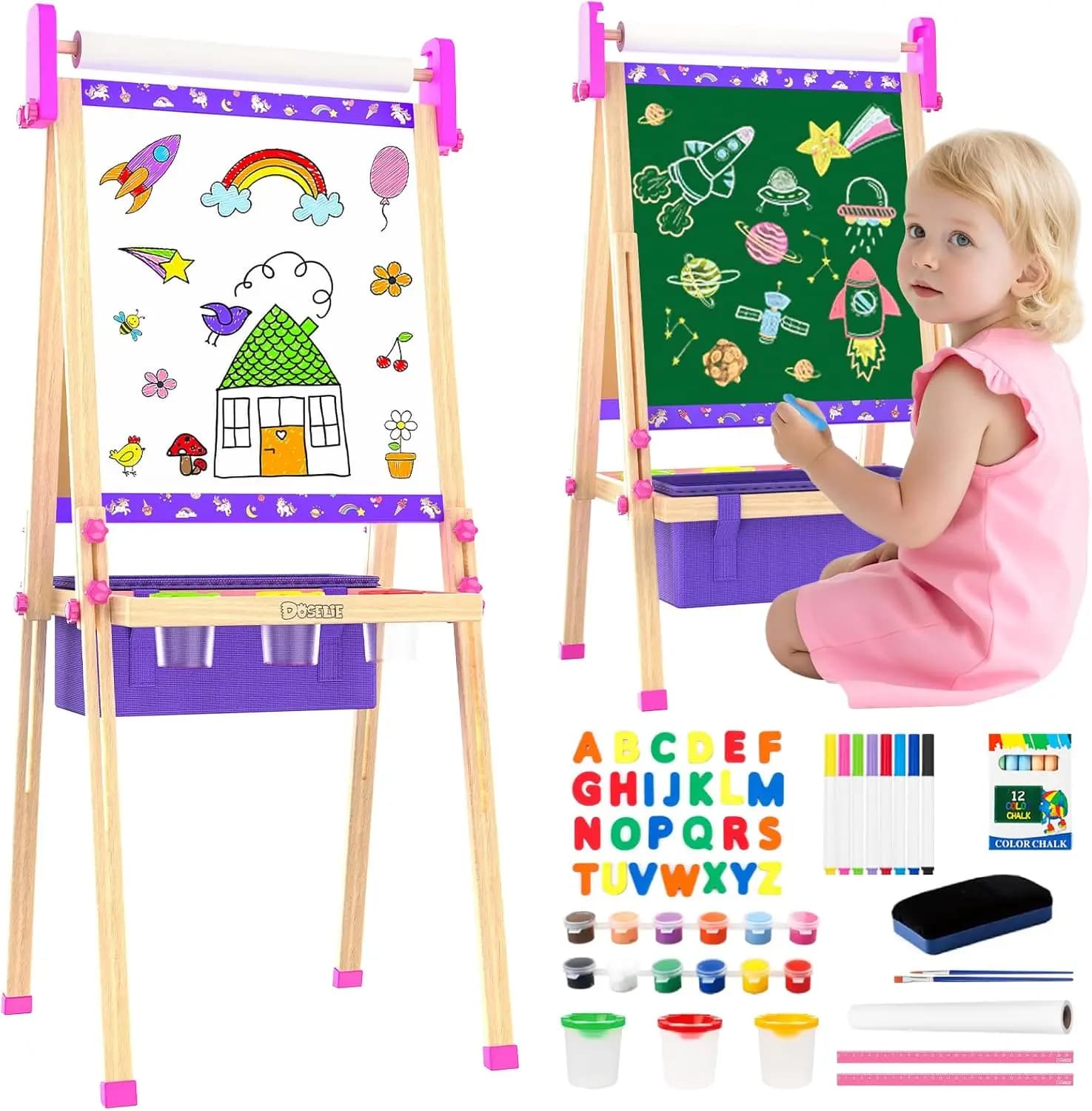 Lavagna artistica per bambini con rotolo di carta e accessori, giocattolo educativo per disegnare per bambini dai 4 agli 8 anni, regalo di compleanno per maschi e femmine