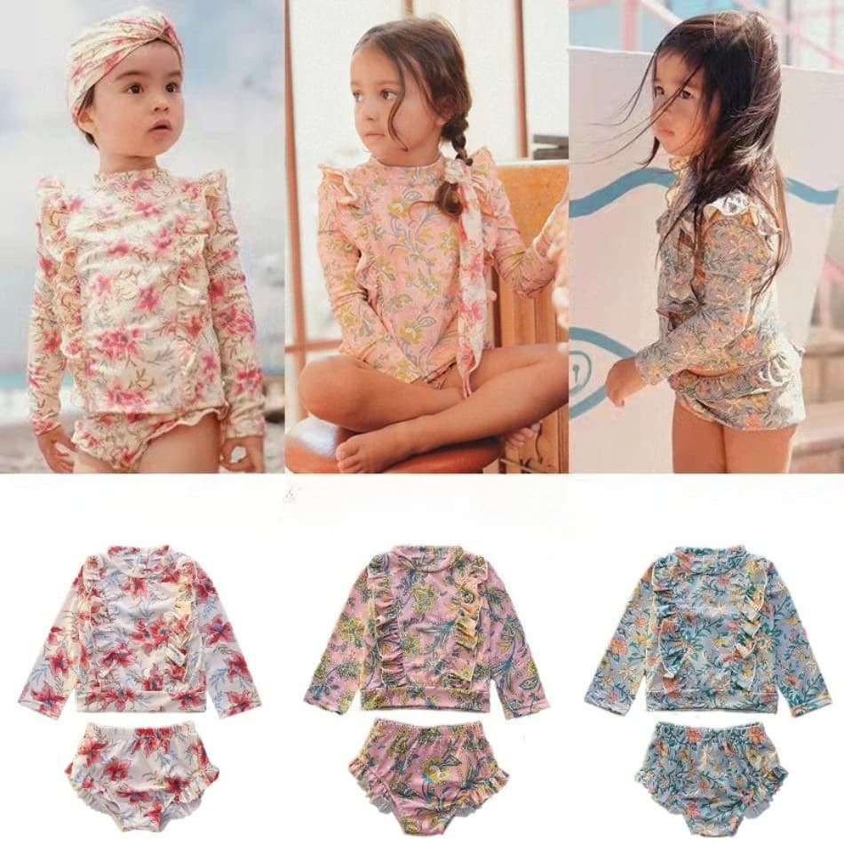 Toddler Girls Long Sleeve Rash Guard Swimsuit Set Ruffle Floral 2PCS Swim Top Bikini Bottom Kids Quick Dry Bathing Suit XMZ65