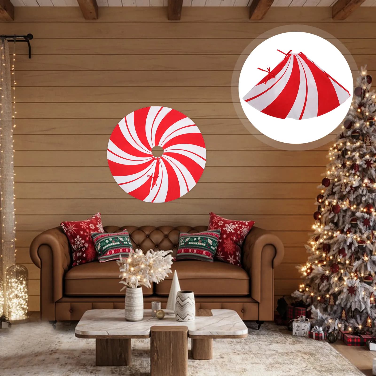Christmas Tree Skirt Red White Stripe Swirl Pattern Soft Fabric Floor Protector Large Reusable Xmas Tree Base Mat Holiday Decor
