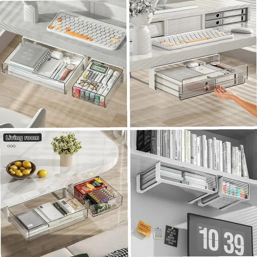 Cassetto Sottoscrivania, Contenitore Adesivo Nascosto per Scrivania, Organizzatore per Cosmetici e Cancelleria