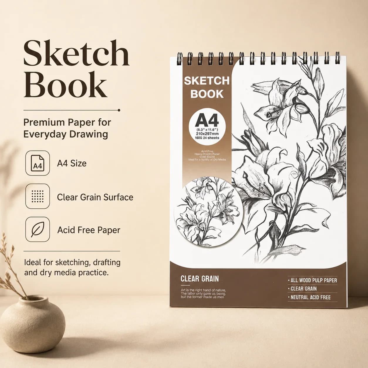 Minimalist A4 Art Sketchbook - Clean White Cover, 320g Heavyweight Acid-Free Paper - 24 Sheet Spiral Notebook for Fine Art & Design Projects
