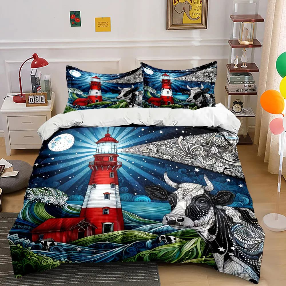 Set di biancheria da letto con decorazione artistica Faro e Mucca, con 1 copripiumino e 2 federe, per letto singolo, matrimoniale, king size, queen size, idea regalo