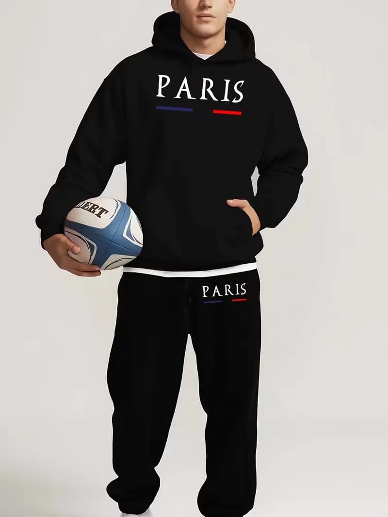 Men's Urban Casual Hooded Sports Pants Set Parisian Letter Design Autumn Winter Two-Piece Set Running Day Wear Clearance