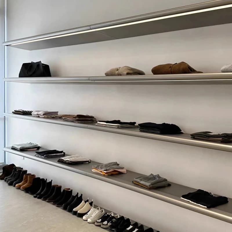 Espositore per Scarpe in Acciaio Inox Spazzolato, Organizzatore da Parete per Borse, Mensole Galleggianti per Negozi di Abbigliamento e Sale Live Streaming