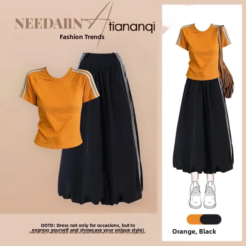 Summer 2026 Slimming Short Sleeve Top And High Waist Skirt Set Casual Meat Concealing Half Body Skirt Two Piece Set for Women