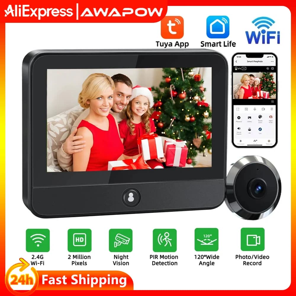 Awapow Tuya Wifi Radar Telecamera per porta Smart Mini Peepholes digitali Spioncino per porta Rilevazione movimento PIR Videocitofono Campanello Sicurezza domestica