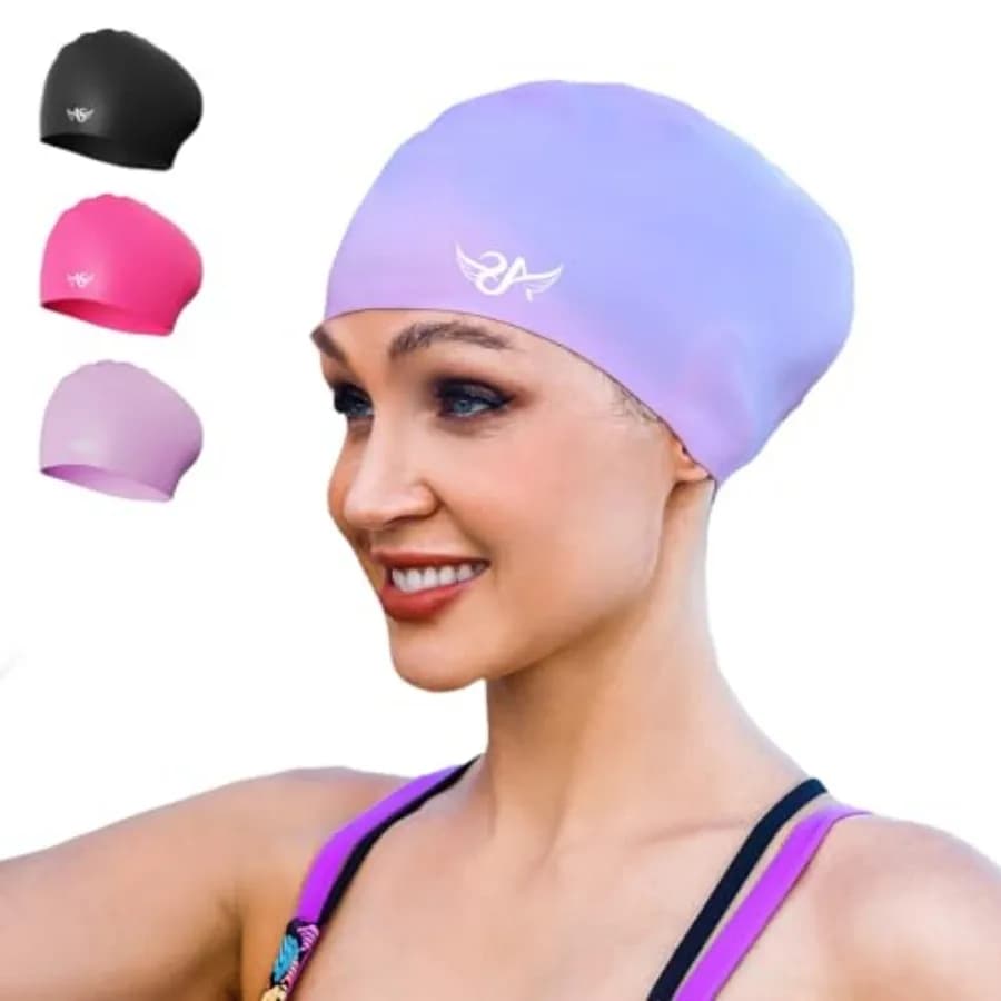 Swim Caps for Women Silicone Curly Medium Long Hair Swimming Cap Ergonomic Design for Adult Keep Hair Dry
