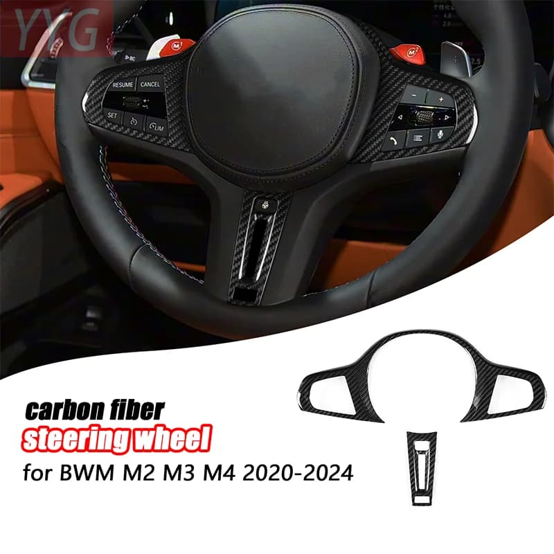 Carbon Fiber Steering Wheel Cover with Push Button Frame and Decorative Sticker for BMW M2 M3 M4 X3M F97 X4M F98 X5M F95 X6M F96 2020-2024