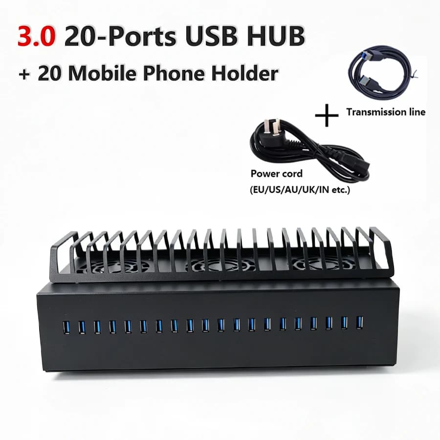 20-Port USB 3.0 Hub Chassis + Mobile Phone Support Farm Unified Management