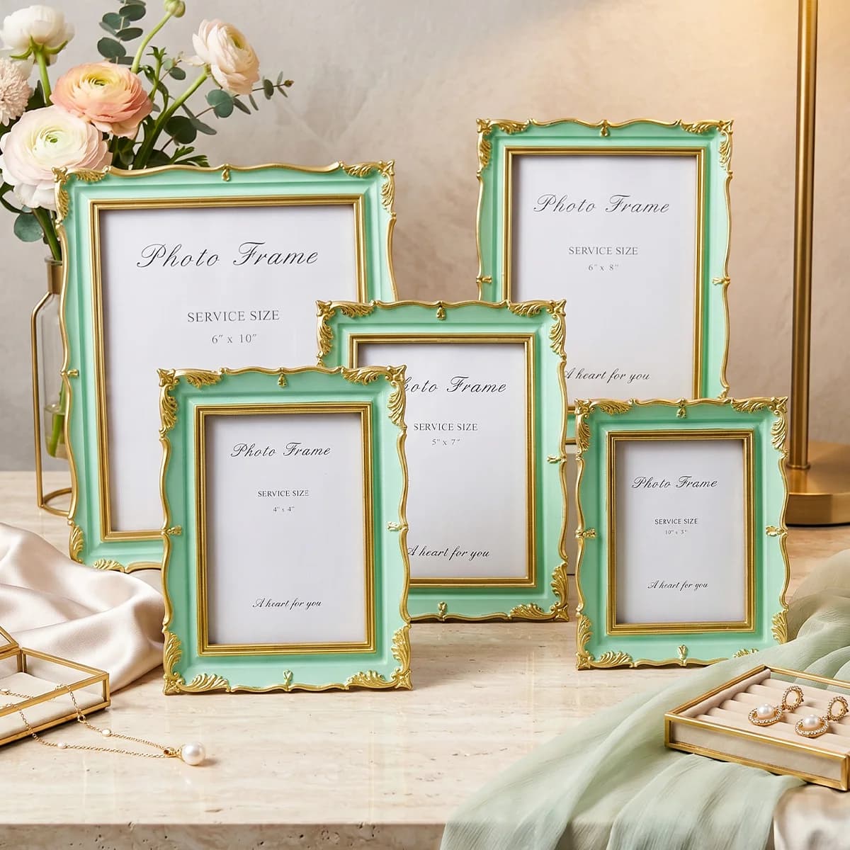 1PC, French Mint Green Gilded Relief Picture Frame, with Light Green Gold Edges, Dual Use as a Hanging or Display Frame
