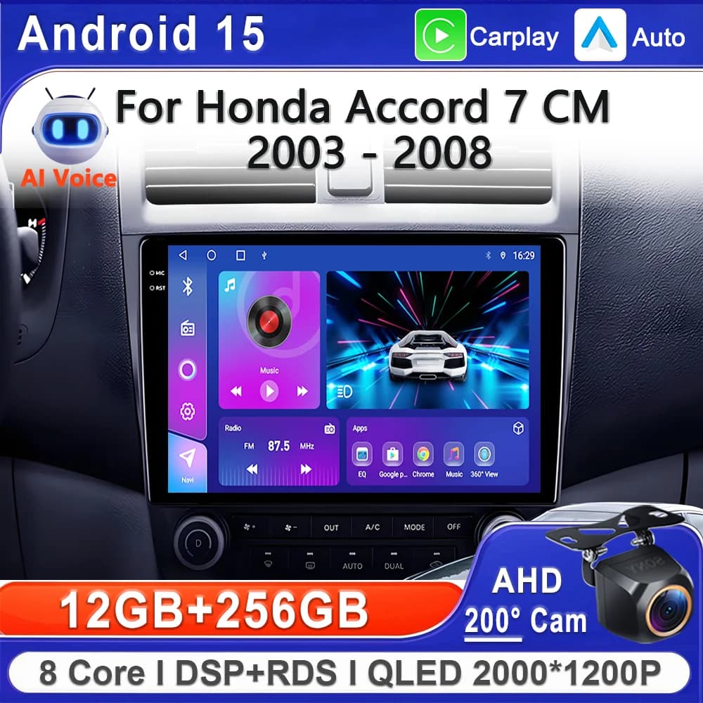 Android Screen 15 2K Incell for Honda Accord 7 2002 - 2008 Main stereo unit High performance GPS CPU DVD Dash Cam