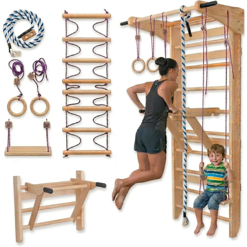 Scala a Muro in Legno con Stazione per Trazioni e Dip - Attrezzatura Multifunzionale per Palestra Domestica per Forza e Stretching