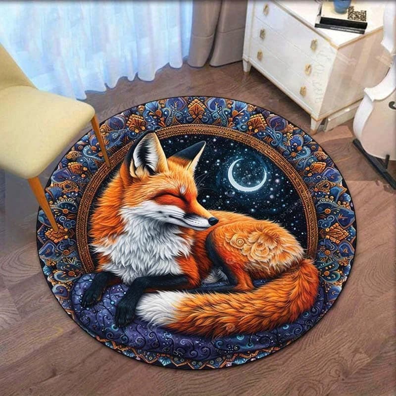 Volpe che dorme sotto la luna Tappeto rotondo Cielo notturno Modello stella Arte animale Tappetino stile Boho per camera da letto SoggiornoHomeDecorFantasy