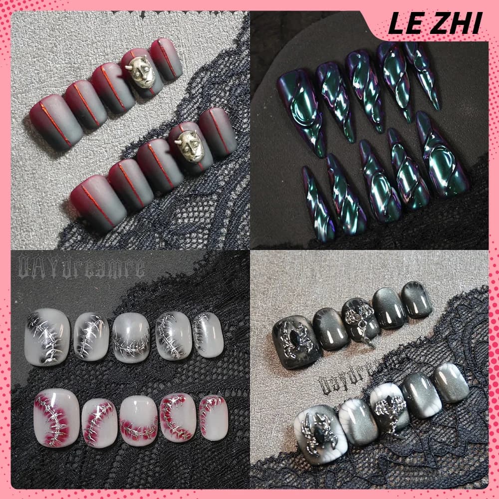 Adesivi per Unghie Punk Neri con Decorazioni a Spina, Ragni e Diamanti, Glitter e Polvere per Nail Art, Accessori per Feste
