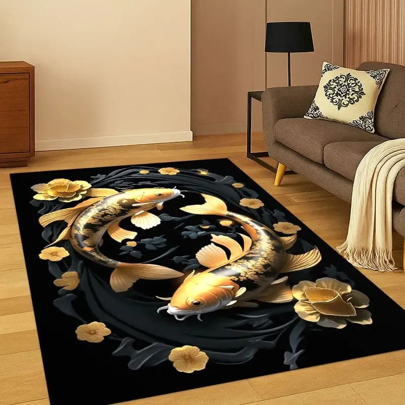 GOOD LUCK Koi Fish Yin Yang Carp Cartoon Carpet Rug for Bedroom Living Room Sofa Playroom Doormat Home Decor,Area Rug Non-slip