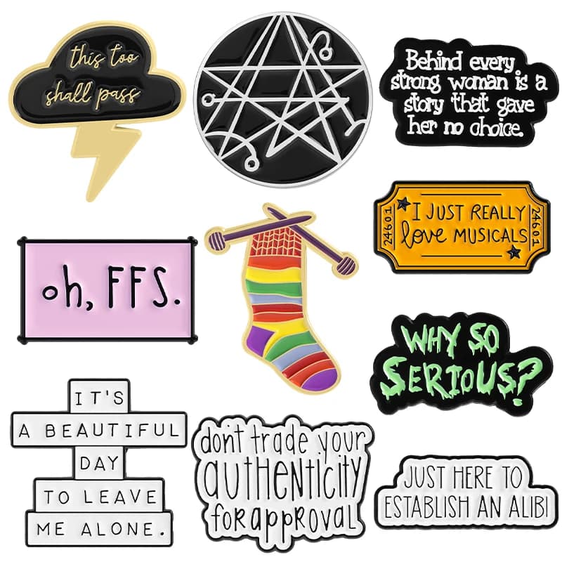 Divertenti spille smaltate con slogan Citazioni ispiratrici Spille per hobby Distintivi da bavero Cartone animato carino biglietto arcobaleno Regalo di gioielli per gli amici