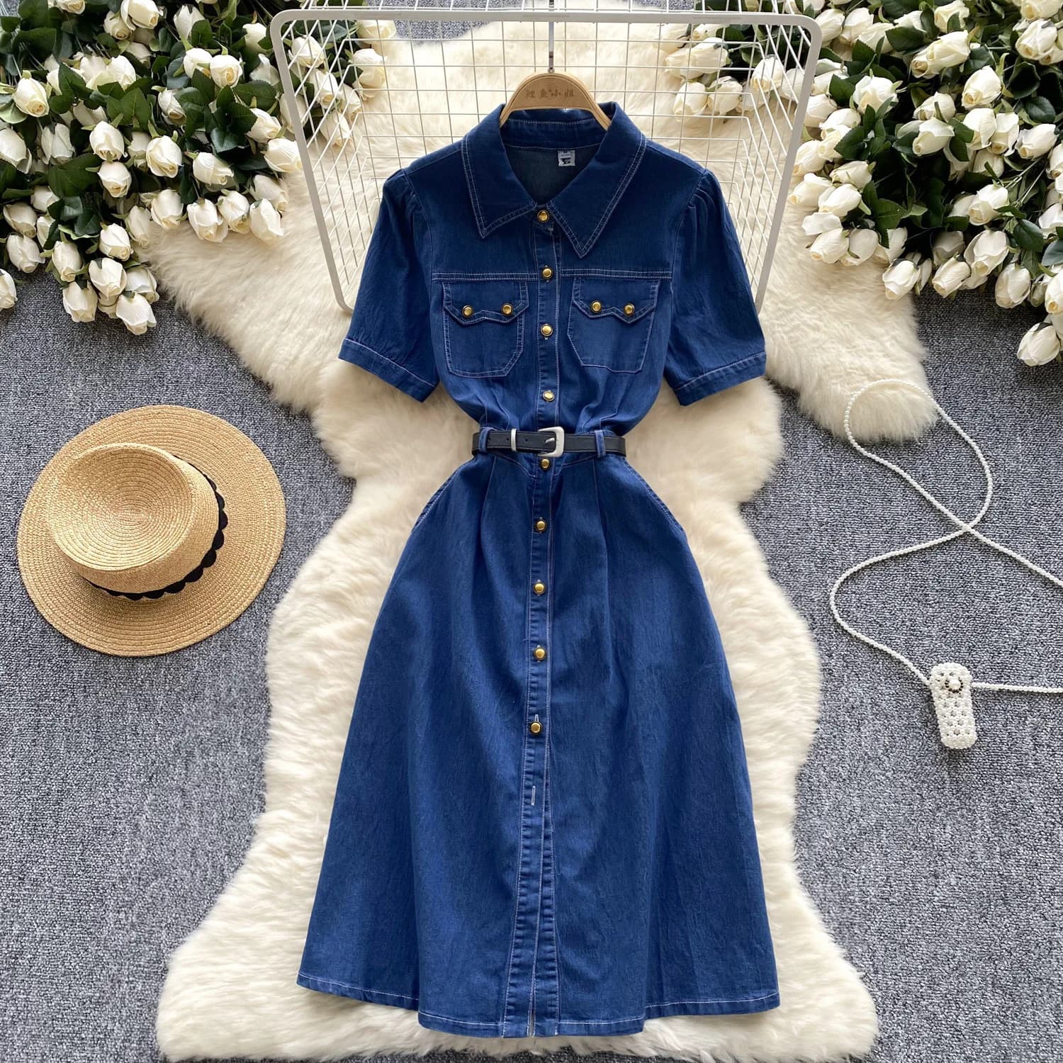 A new summer fashionable denim dress. Short Sleeved Metal Single-breasted Denim Dress with High Neck Retro for Women