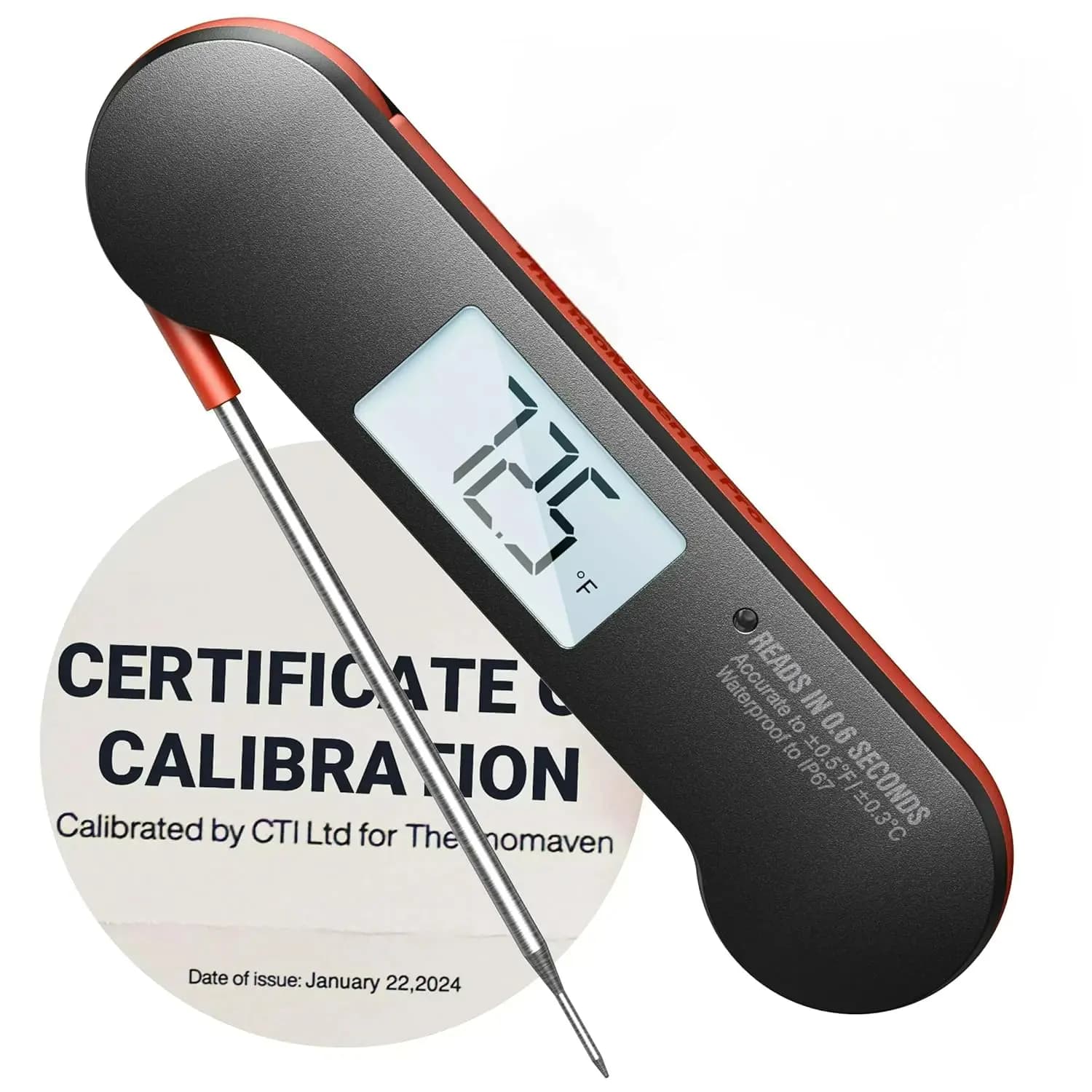 Digital meat thermometer, instant reading 0.6 seconds, ±0,5 °F NIST certificate, IP67 waterproof, bright backlit for grill, barbecue, smoker