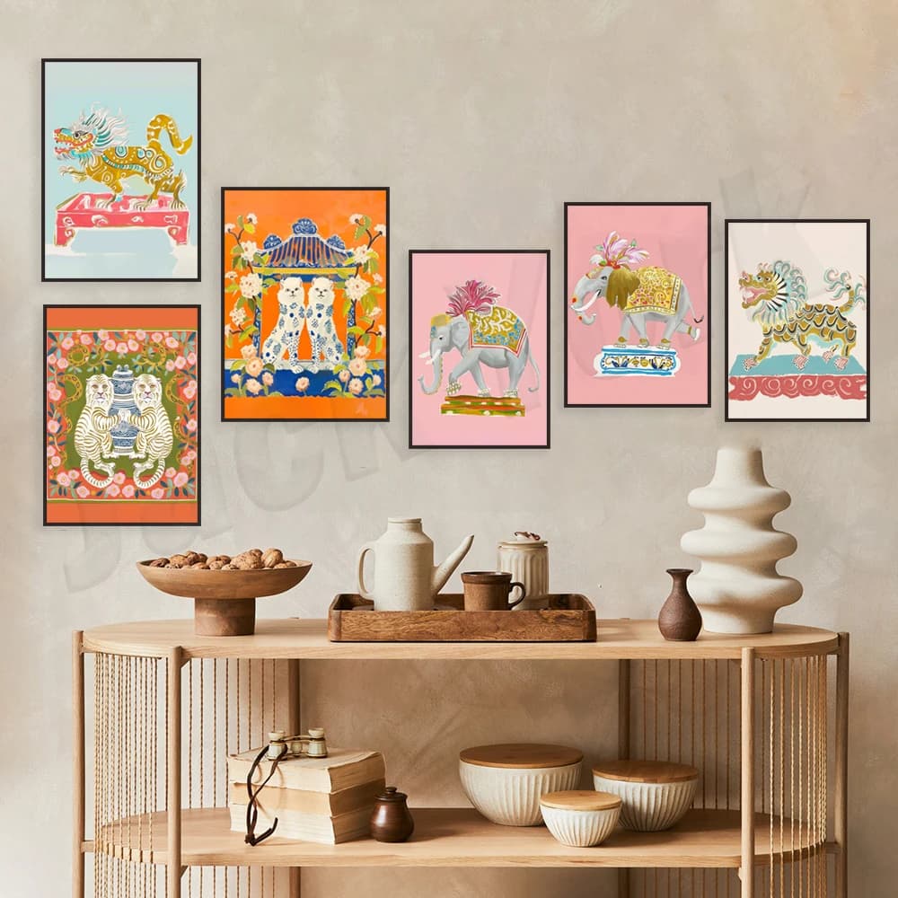 Stafter elefante, cane, gatto, leone, drago, pagoda, barattolo di zenzero, arte floreale, cineserie opere d'arte vintage asian poster wall ar