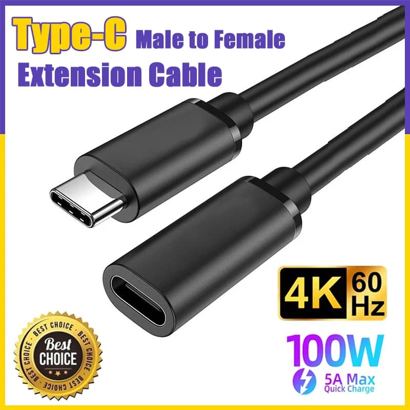 Cavo di prolunga USB 3.1 Type-C da maschio a femmina, ricarica rapida 100W, cavo dati 4K 60Hz per laptop/stazione docking/telefono/tablet