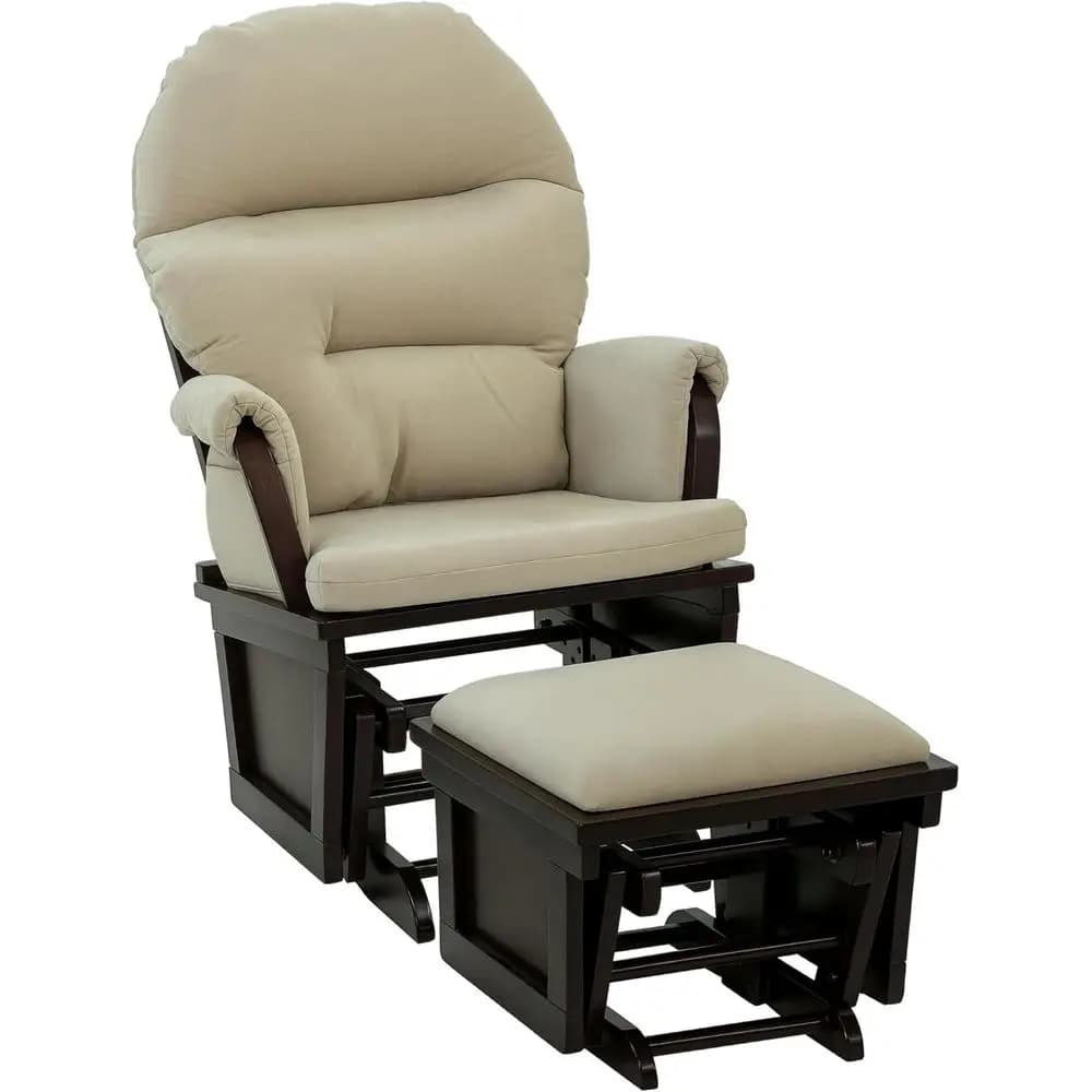 Sedia a dondolo per cameretta color bianco crema con poggiapiedi e cuscino in peluche, base in legno