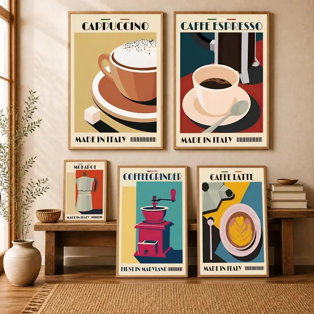 Italian Espresso Coffee Pot Beans Poster Modern Art Wall Stickers HD Painting Self Adhesive Decals for Bedroom Room Home Decor