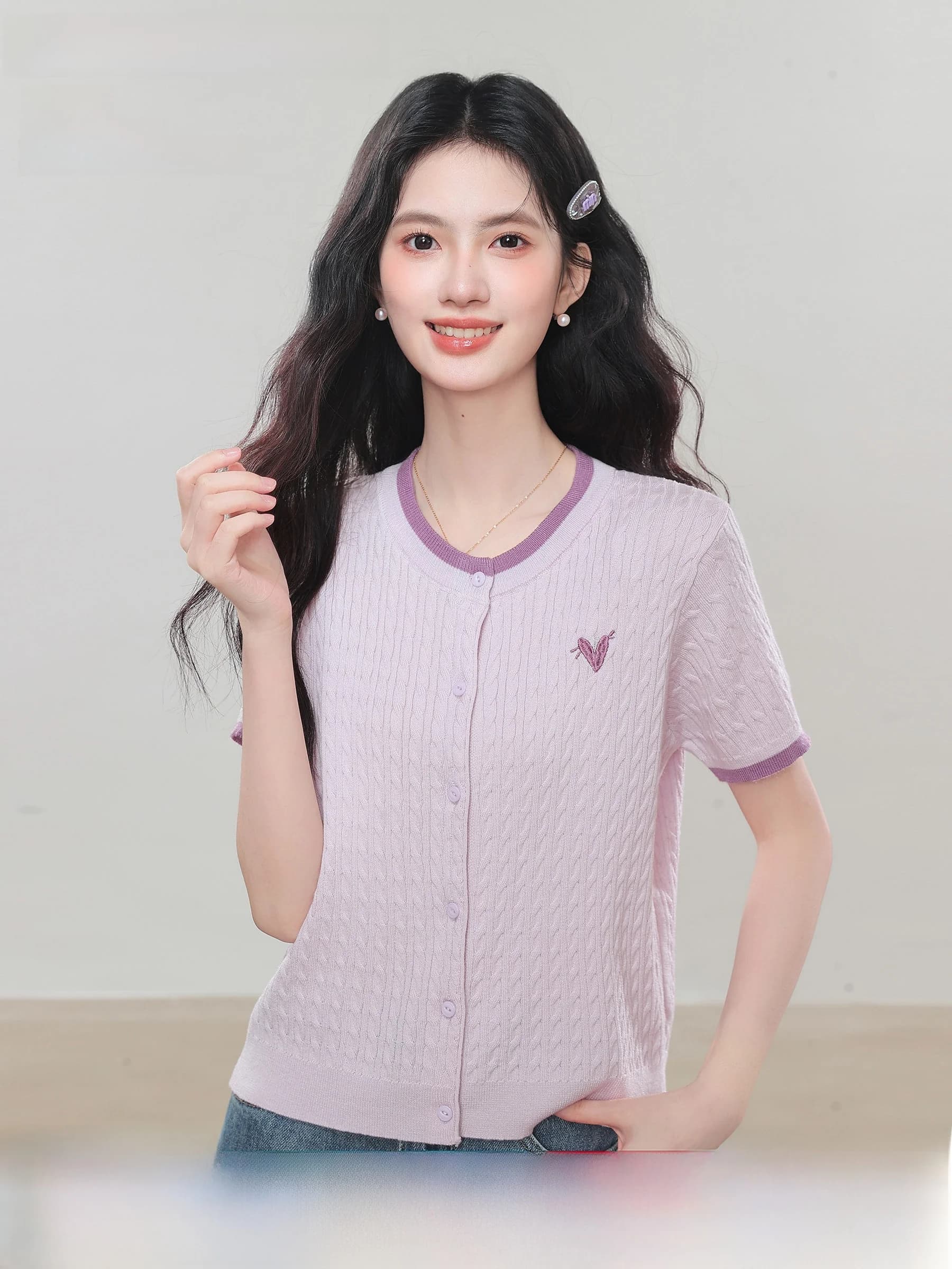 Lingjiu 2026 New Purple Elegant Short Sleeve T-Shirt Women Summer Unique Knitted Top round Neck Casual Comfortable Fit Shirt