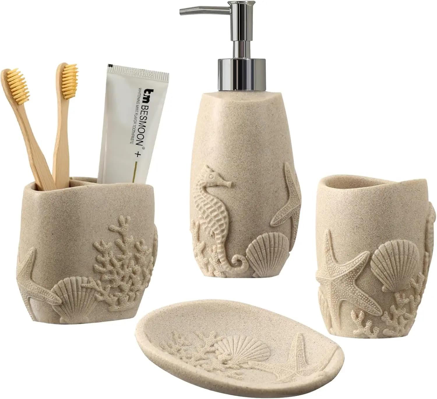 Set di 4 Accessori per il Bagno con Dispenser Sapone, Porta Spazzolini, Bicchiere e Portasapone - Organizzatore Decorativo Beige Tema Marino