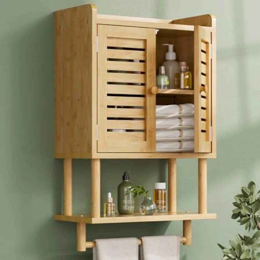 Bathroom Wall Cabinet, Bamboo Over The Toilet Storage Cabinet, Hanging Medicine Cabinets with Towel Bar, Wall Mounted Storage S