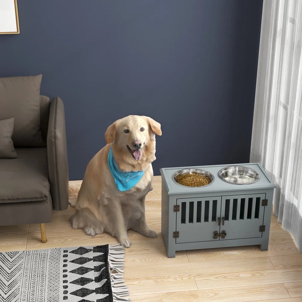 PawHut Large Elevated Dog Bowls with 37L Storage Cabinet, Raised Dog Bowl Stand Pet Food Bowl Dog Feeding Station, Gray