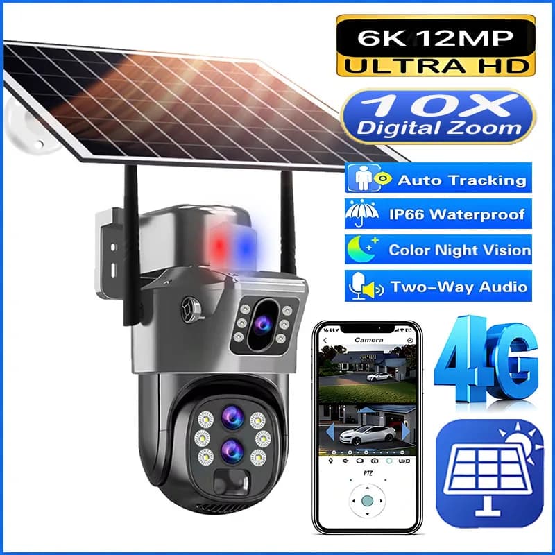 10X Zoom 4G SIM Card External Solar Camera Three Lens 6K 12MP Wireless PTZ CCTV Surveillance PIR Motion Detection Security Camera